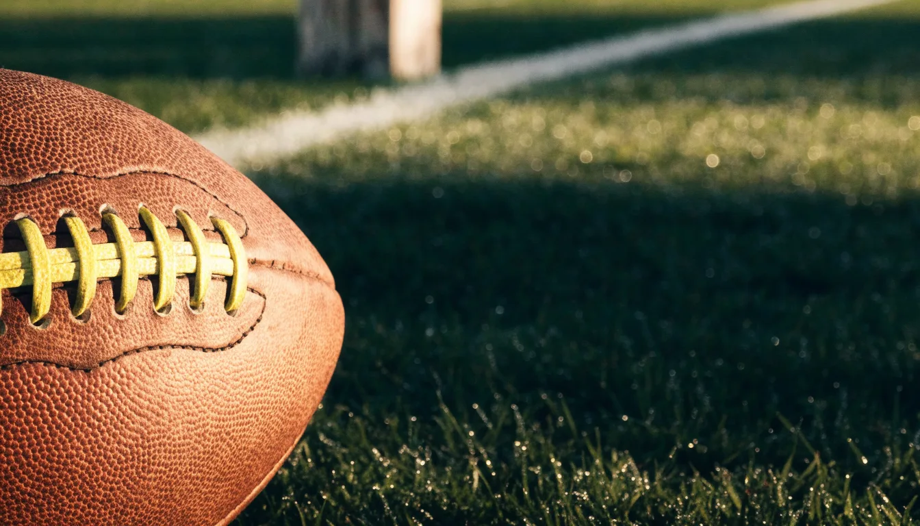 Ein ovaler Lederball mit heller Schnürung liegt auf dem Rasen vor der Endzone, Tau auf dem Gras im ersten Morgenlicht.