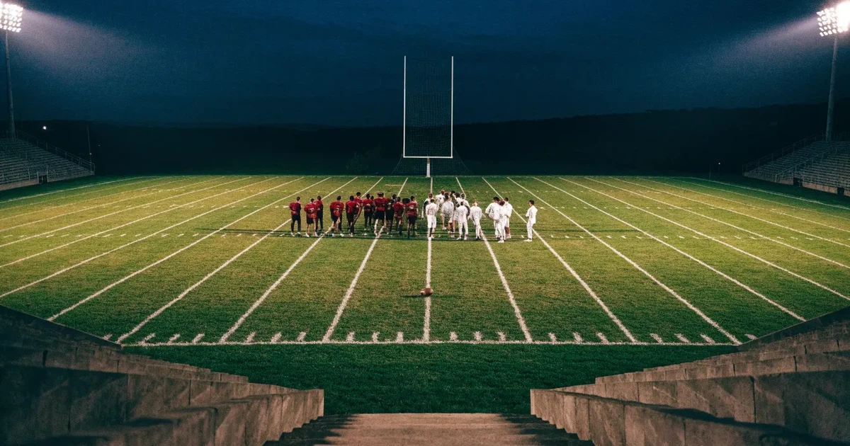 Ein American-Football-Feld mit weißen Yardlinien im Flutlicht, von einer hohen Tribüne aus gesehen, die Ränge leer, Zahlen nicht erkennbar.