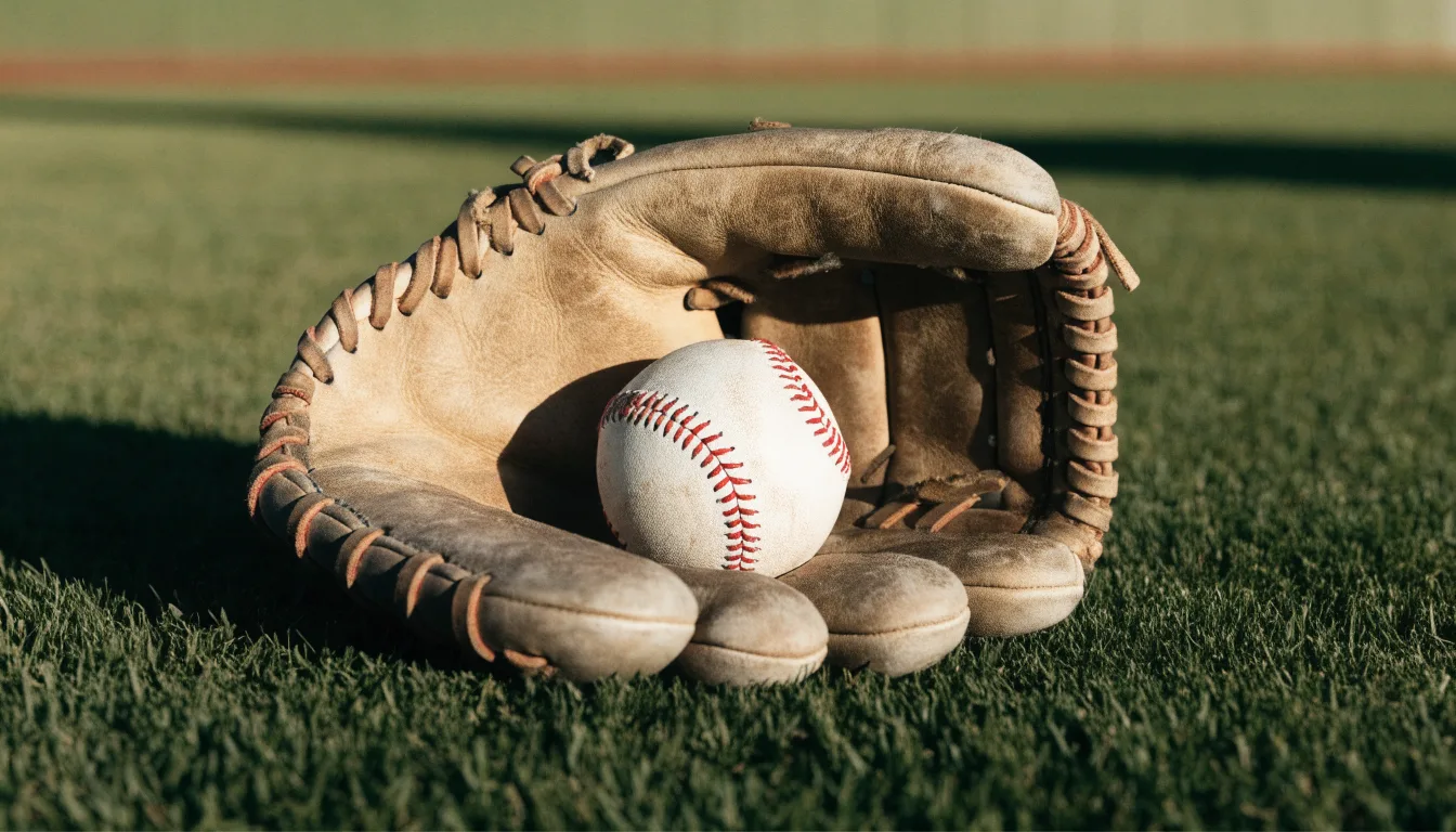 Ein weißer Baseball und ein Lederhandschuh liegen auf kurz geschnittenem Gras, im Hintergrund eine verschwommene Spielfeldbande.