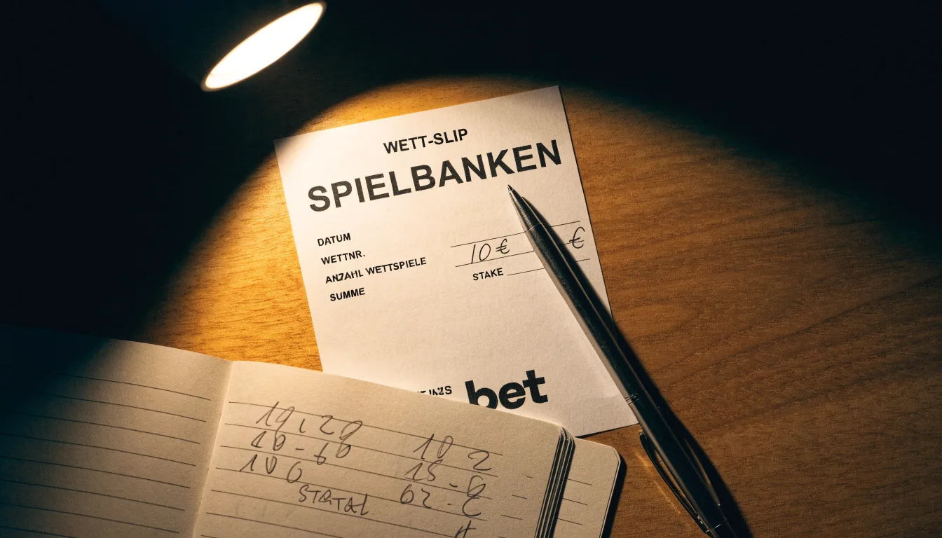 Ein leerer Papierwettschein, ein Kugelschreiber und ein Taschenrechner liegen auf einem Holztisch, warmes Licht einer Schreibtischlampe.