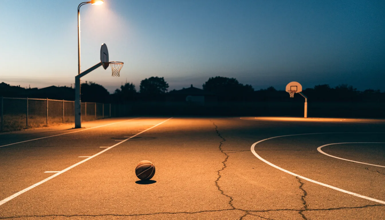 Ein Freiluft-Basketballplatz am Abend mit Asphalt, Linien und zwei Körben unter einer Straßenlaterne.