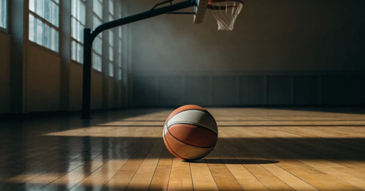 Ein Basketball liegt unter dem Korb auf dem Parkett einer leeren Sporthalle, Licht fällt durch hohe Fenster.