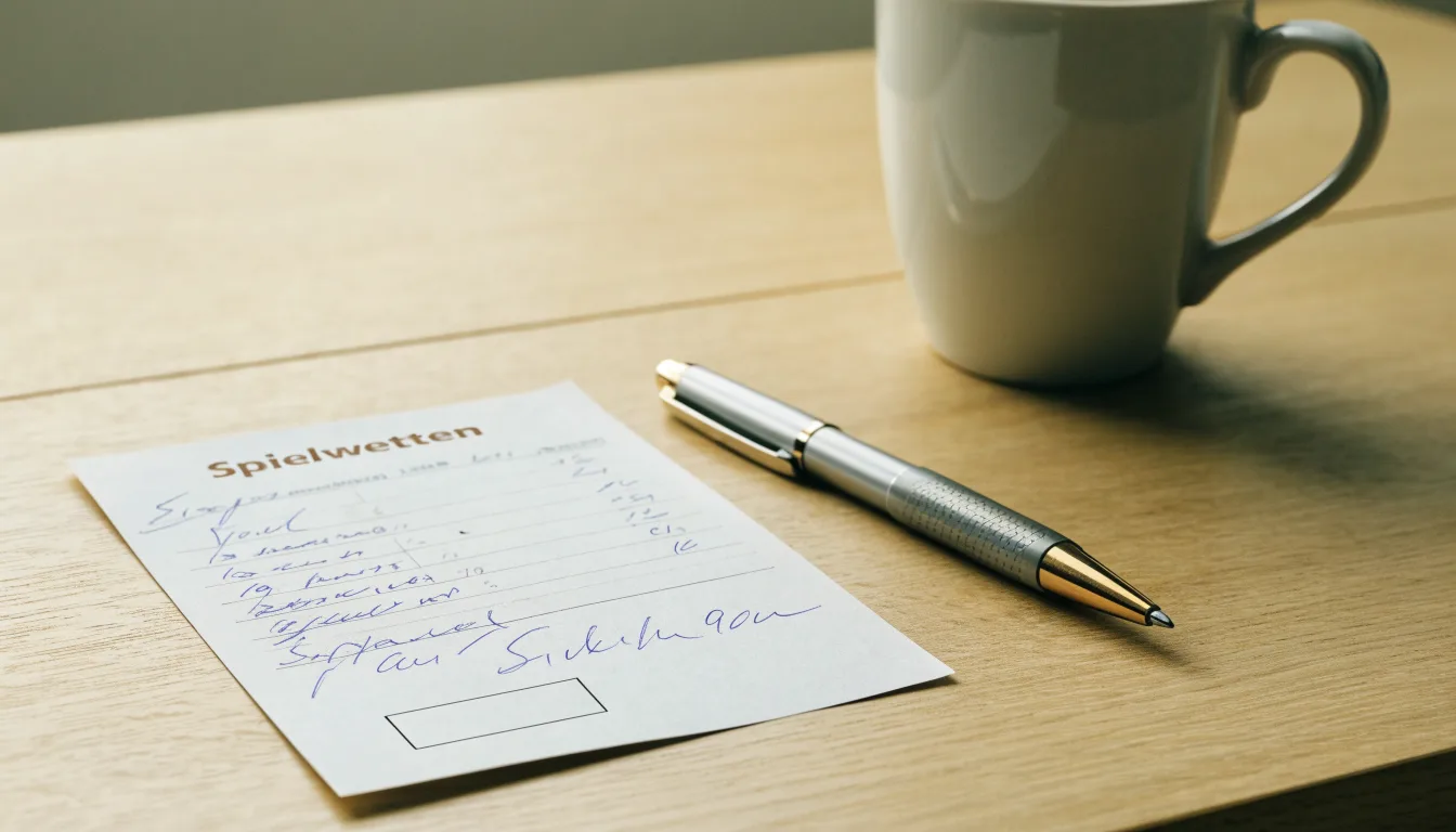 Ein leerer Wettschein aus Papier liegt neben einem Kugelschreiber und einer Tasse auf einem hellen Holztisch.