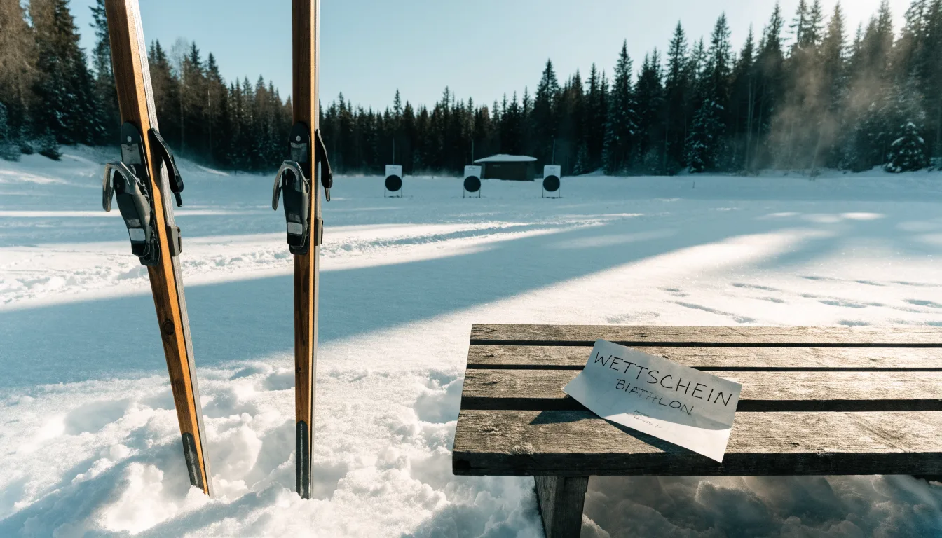 Ein Paar Langlaufskier steckt aufrecht im Schnee neben einem leeren Schießstand mit runden Zielscheiben, kaltes Winterlicht.