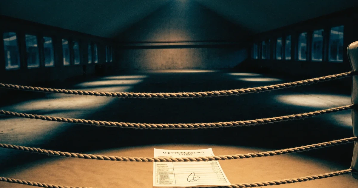 Ein Boxring mit gespannten Seilen in einer leeren Halle, ein einzelner Scheinwerfer leuchtet von oben auf die Ringmatte.