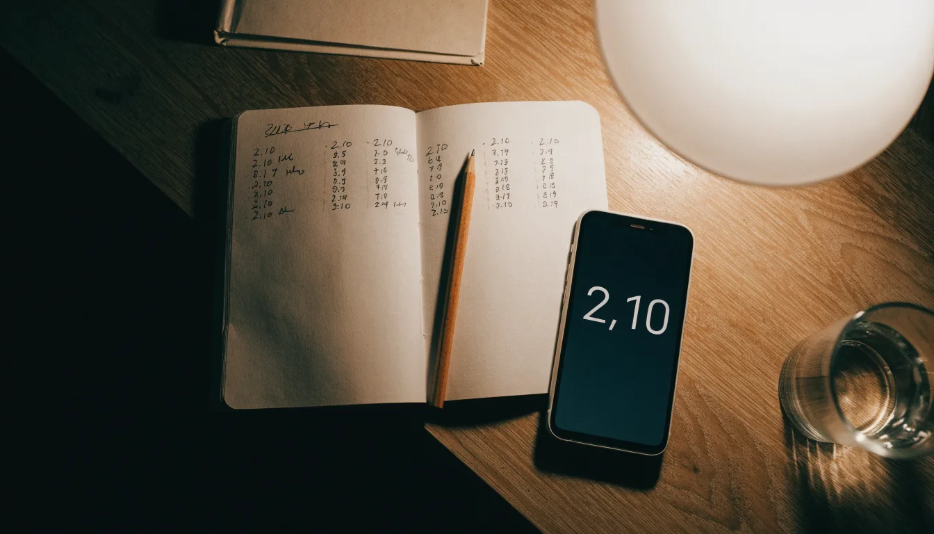 Ein Notizbuch mit handschriftlichen Notizen und ein Bleistift liegen neben einer Tischlampe auf einem Schreibtisch, ruhiges Abendlicht.
