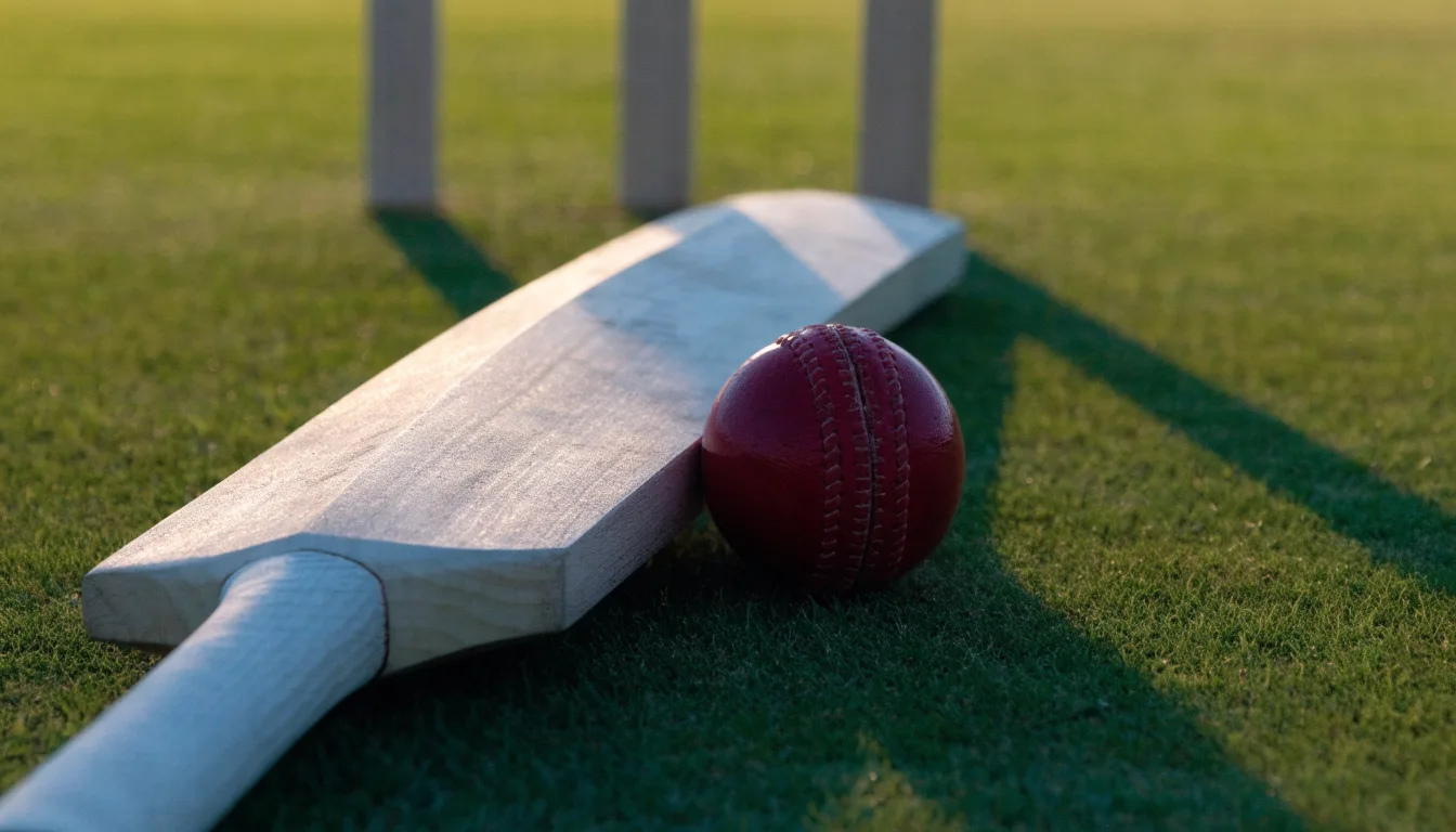 Ein Cricketschläger aus hellem Holz und ein roter Lederball liegen auf kurzem Rasen, weiches Abendlicht.
