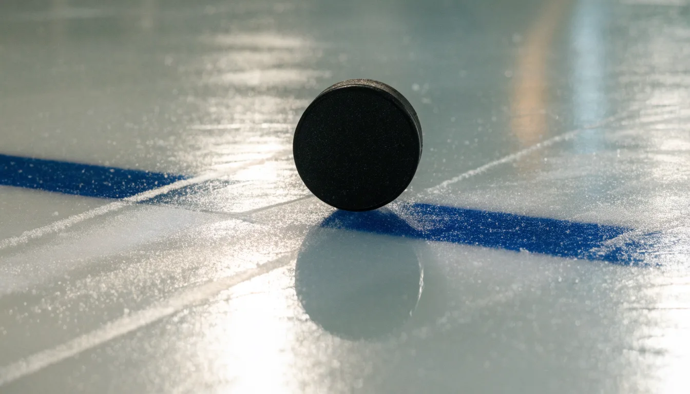 Ein schwarzer Puck liegt auf frisch aufbereitetem Eis neben der blauen Linie, Lichtreflexe auf der Fläche.