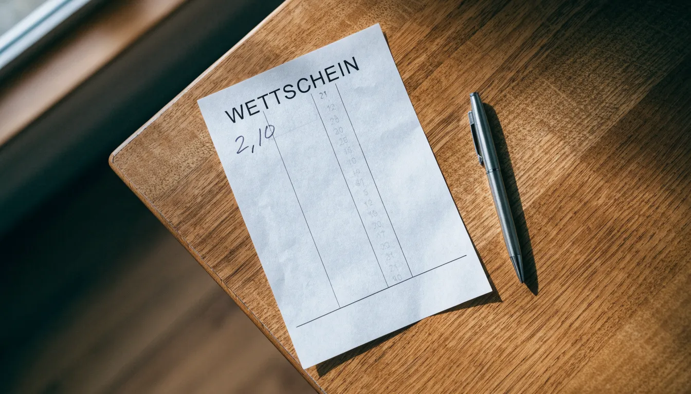 Ein leerer Papierwettschein und ein Kugelschreiber liegen auf einem aufgeräumten Schreibtisch, weiches Licht von einem Fenster.