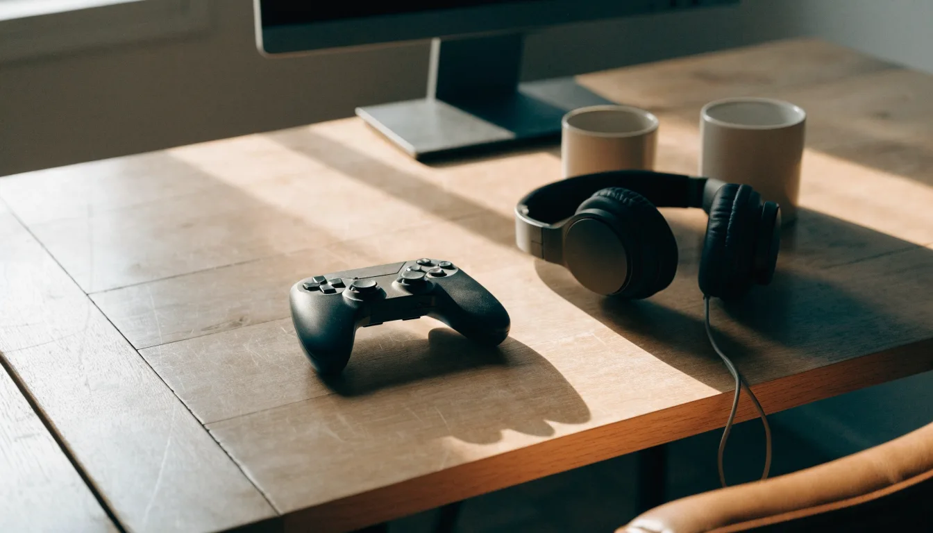 Ein Gamepad und ein Headset liegen auf einem Schreibtisch neben einer Tasse, der Bildschirm im Hintergrund ist ausgeschaltet.
