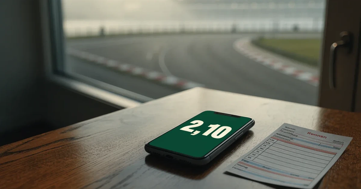 Eine leere Rennstrecke im Morgennebel, Asphalt mit rot-weißen Randsteinen, im Hintergrund Tribünen in der Ferne.
