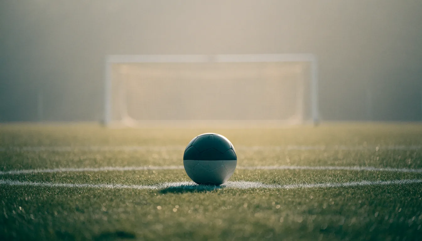 Ein Fußball liegt auf dem Elfmeterpunkt eines leeren Rasenplatzes, im Hintergrund unscharf ein Tor im Morgendunst.