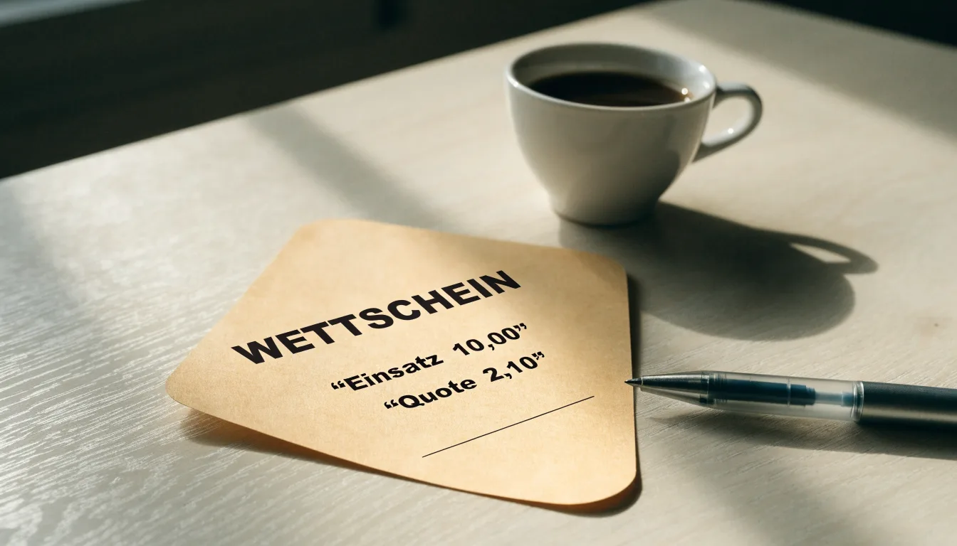 Ein leerer Wettschein aus Papier liegt neben einem Kugelschreiber und einer Tasse auf einem hellen Holztisch.