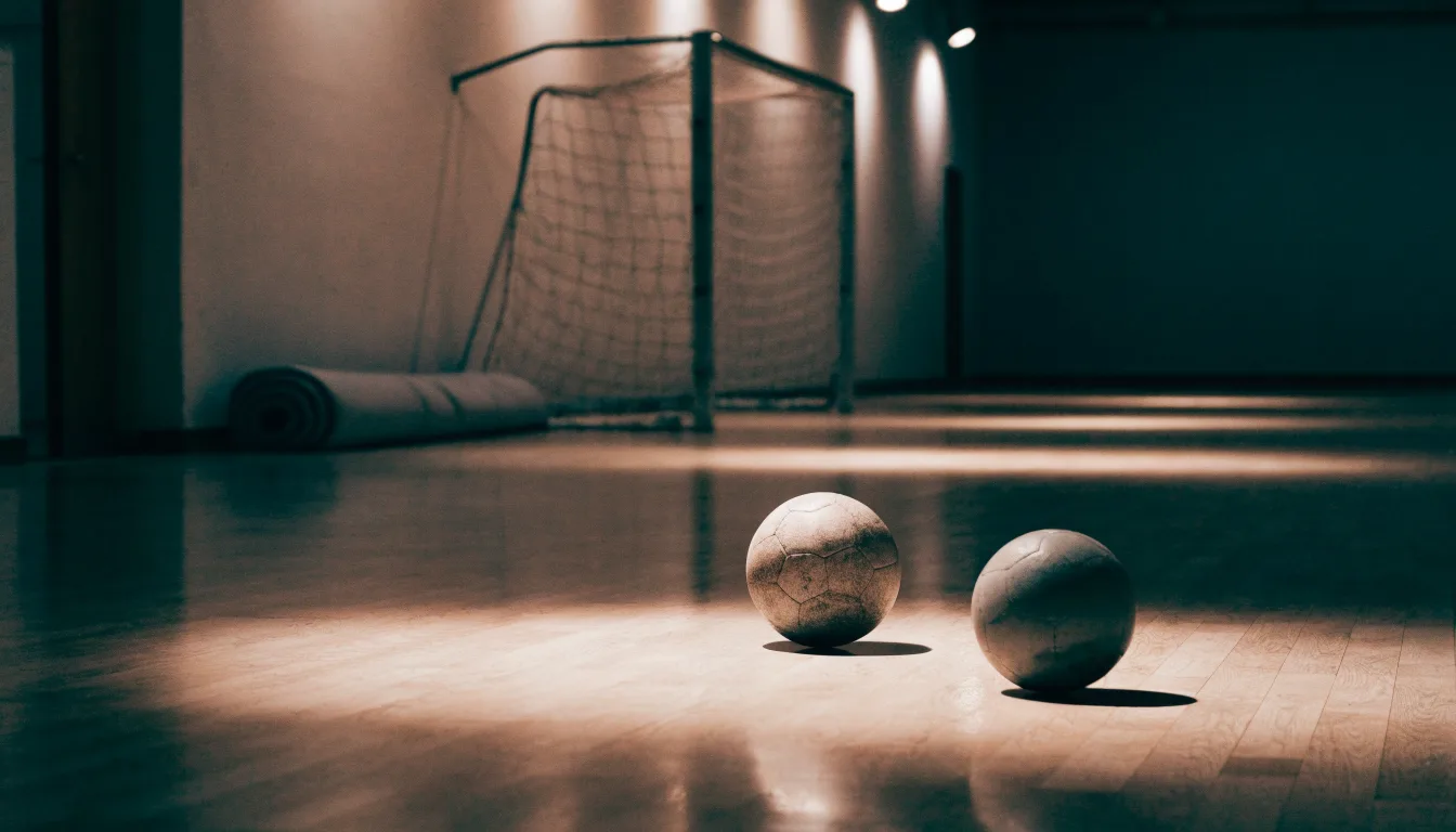 Ein kleiner schwerer Ball liegt in einer Halle auf dem Parkett vor einem Tor, warmes Licht aus den Deckenstrahlern.