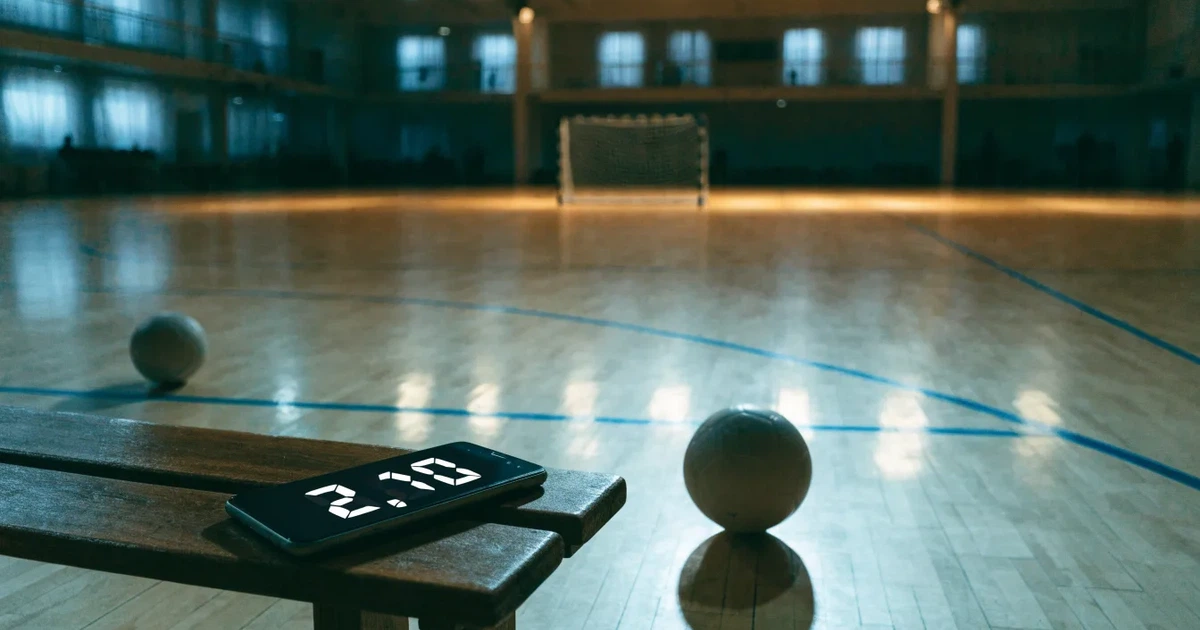 Eine leere Sporthalle mit hellem Hallenboden, kleinen Toren an beiden Enden und blauen Linien, Licht fällt von oben.
