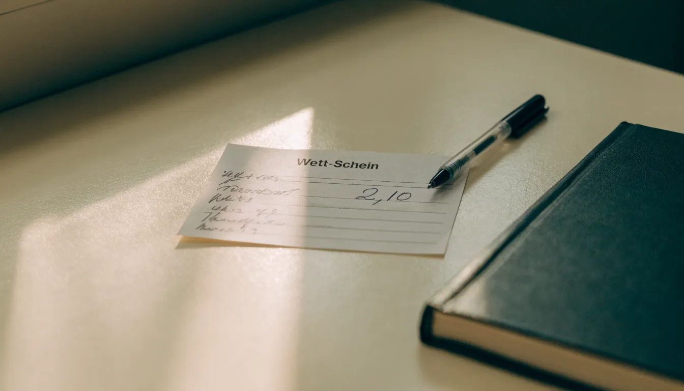 Ein leerer Papierwettschein und ein Kugelschreiber liegen auf einer glatten Schreibtischplatte neben einem Notizbuch.