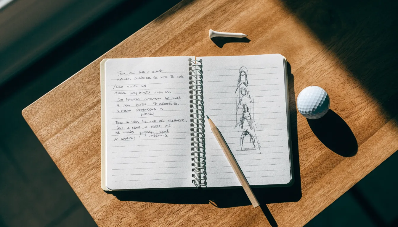 Ein Notizbuch mit handschriftlichen Notizen und ein Bleistift liegen neben einem Golfhandschuh und einem Tee auf einem Holztisch.