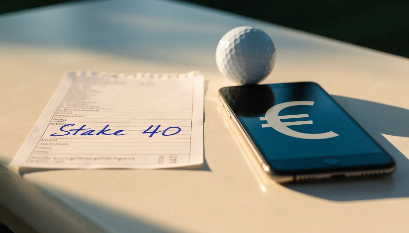 Ein leerer Wettschein aus Papier liegt neben einem Smartphone mit dunklem Display auf einem Tisch, daneben ein einzelner Golfball.
