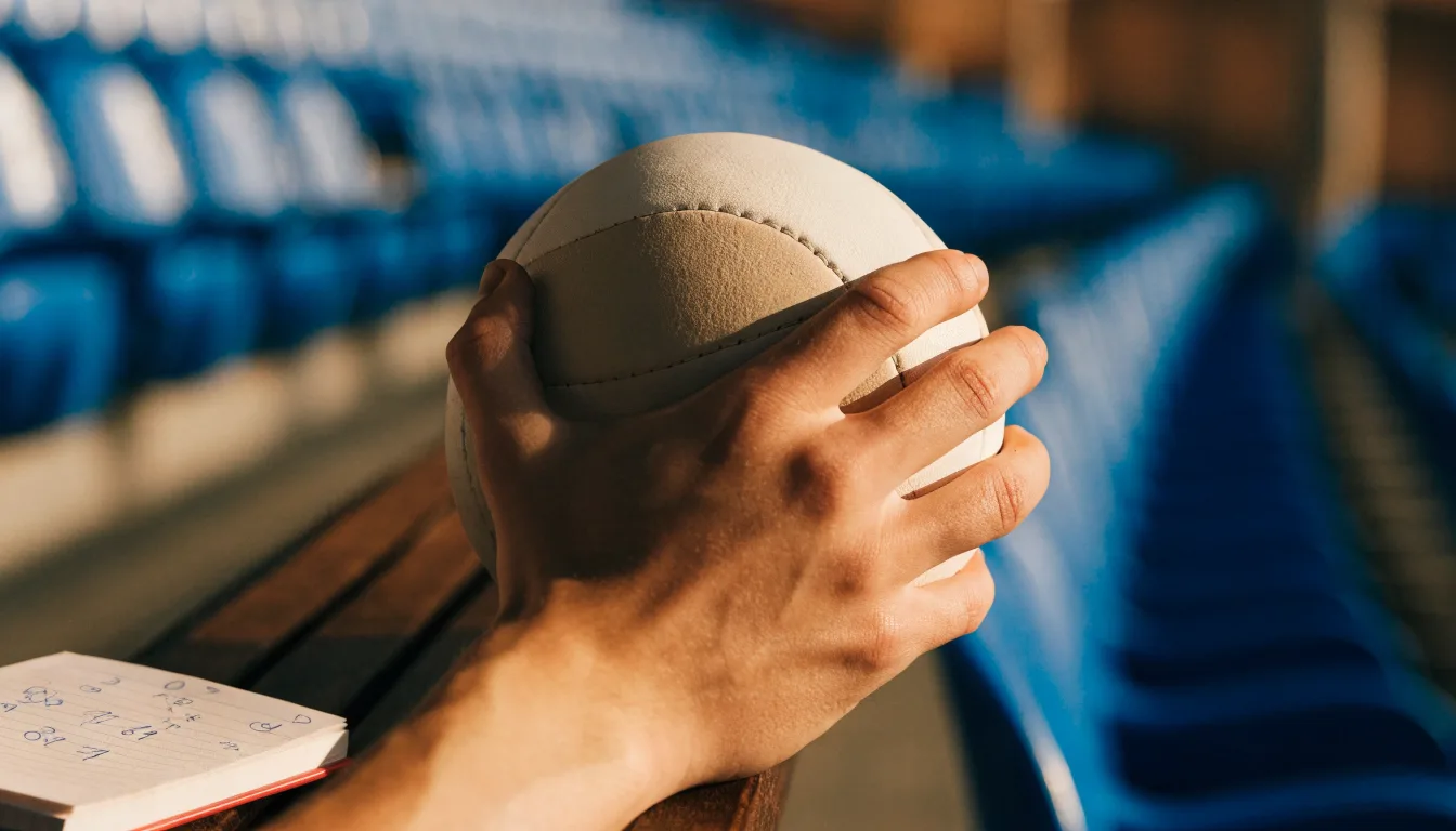 Eine Hand hält einen Handball, im Hintergrund eine unscharfe Tribüne, daneben liegt ein Notizblock auf einer Bank.