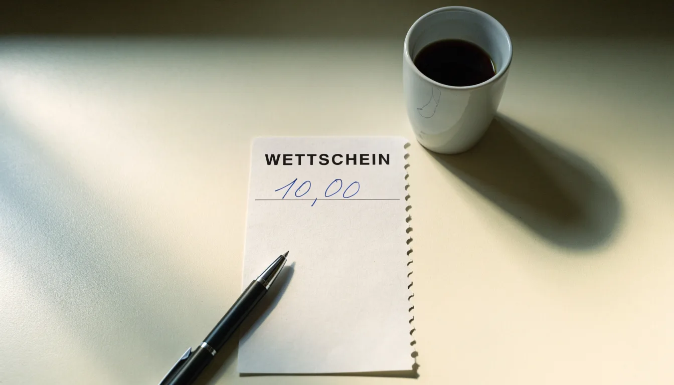Ein leerer Wettschein aus Papier und ein Kugelschreiber liegen auf einem Schreibtisch neben einer Tasse Kaffee im Tageslicht.