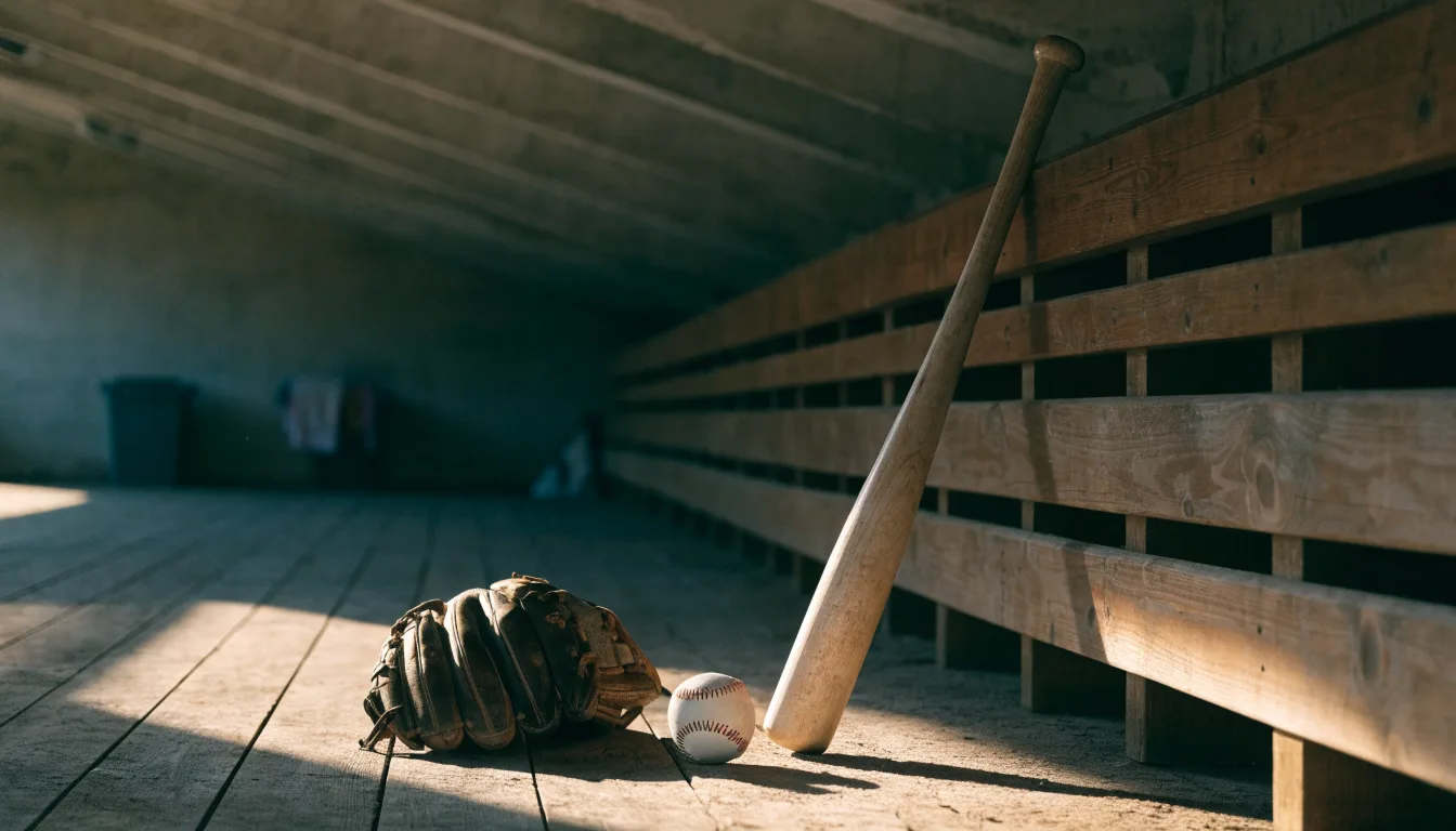 Ein Baseballschläger lehnt an einer Bank im Dugout, daneben liegen ein Handschuh und ein Ball im Licht der Nachmittagssonne.