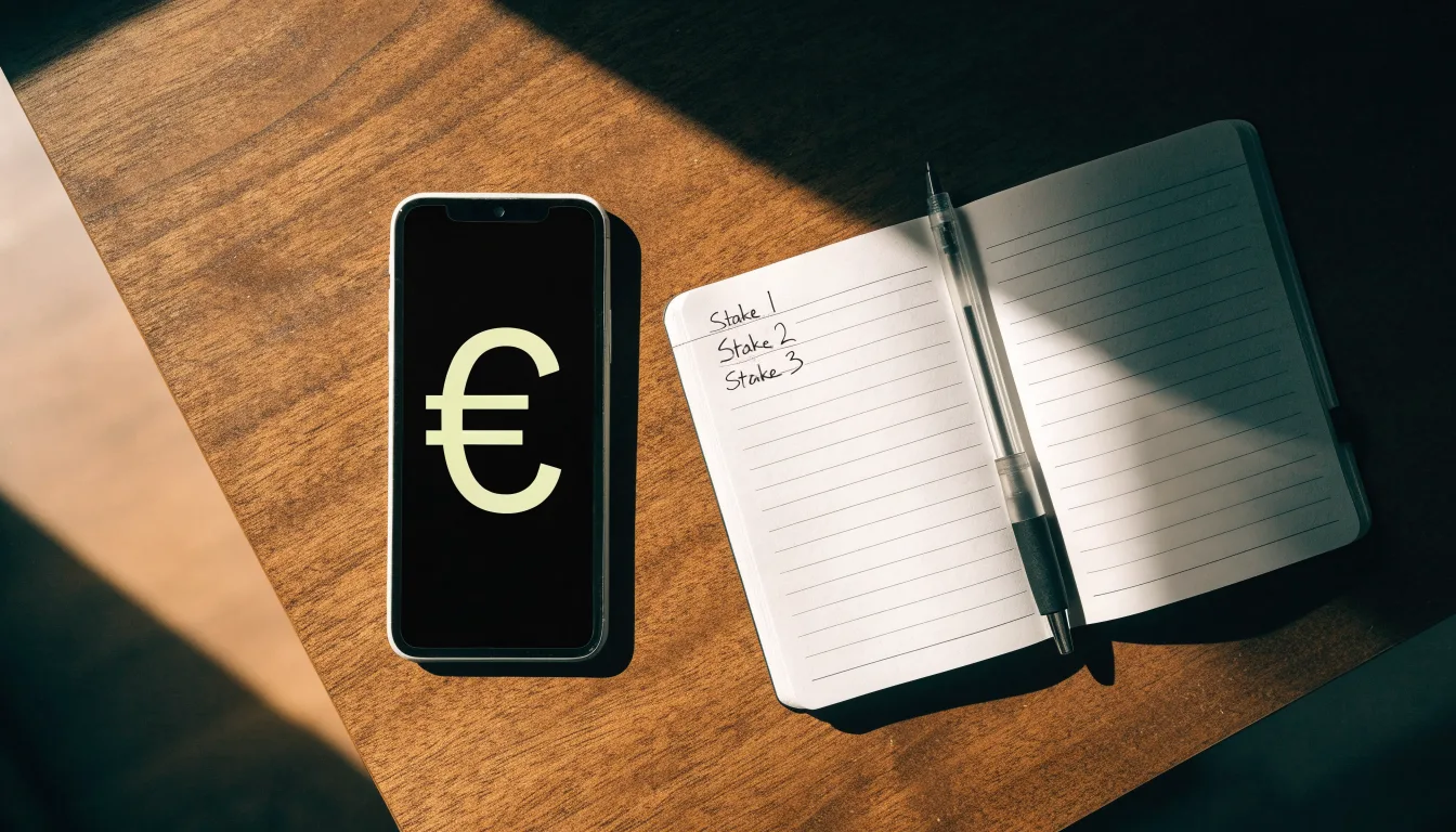 Ein Smartphone mit dunklem Display liegt neben einem Notizbuch und einem Kugelschreiber auf einem Tisch.