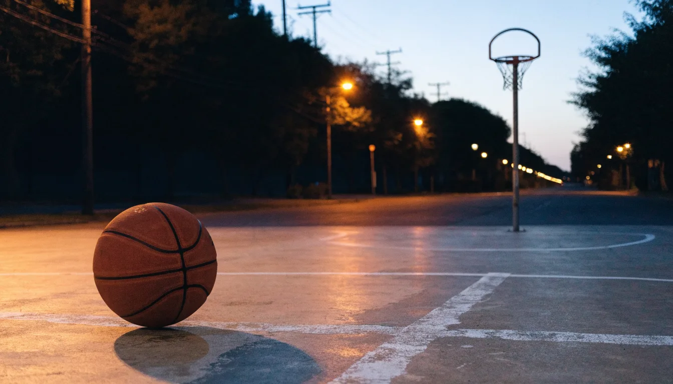 Ein Basketball rollt auf einem Freiluftplatz in der Abenddämmerung zu einem Korb, die Straßenlaternen leuchten bereits.