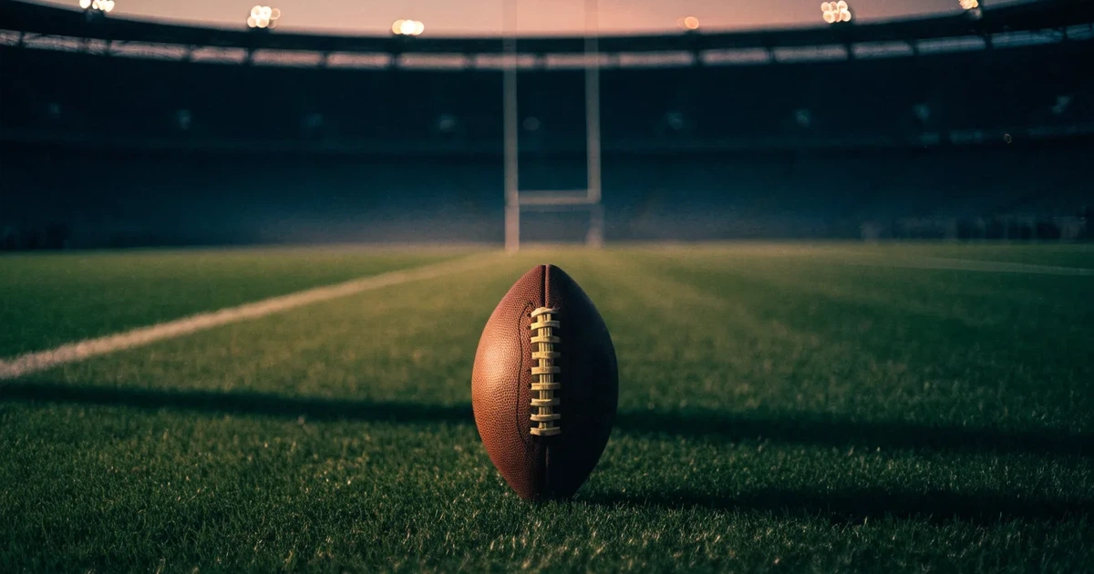 Ein American Football liegt auf dem Rasen eines leeren Stadions unter Flutlicht, die Torstangen ragen im Hintergrund auf.