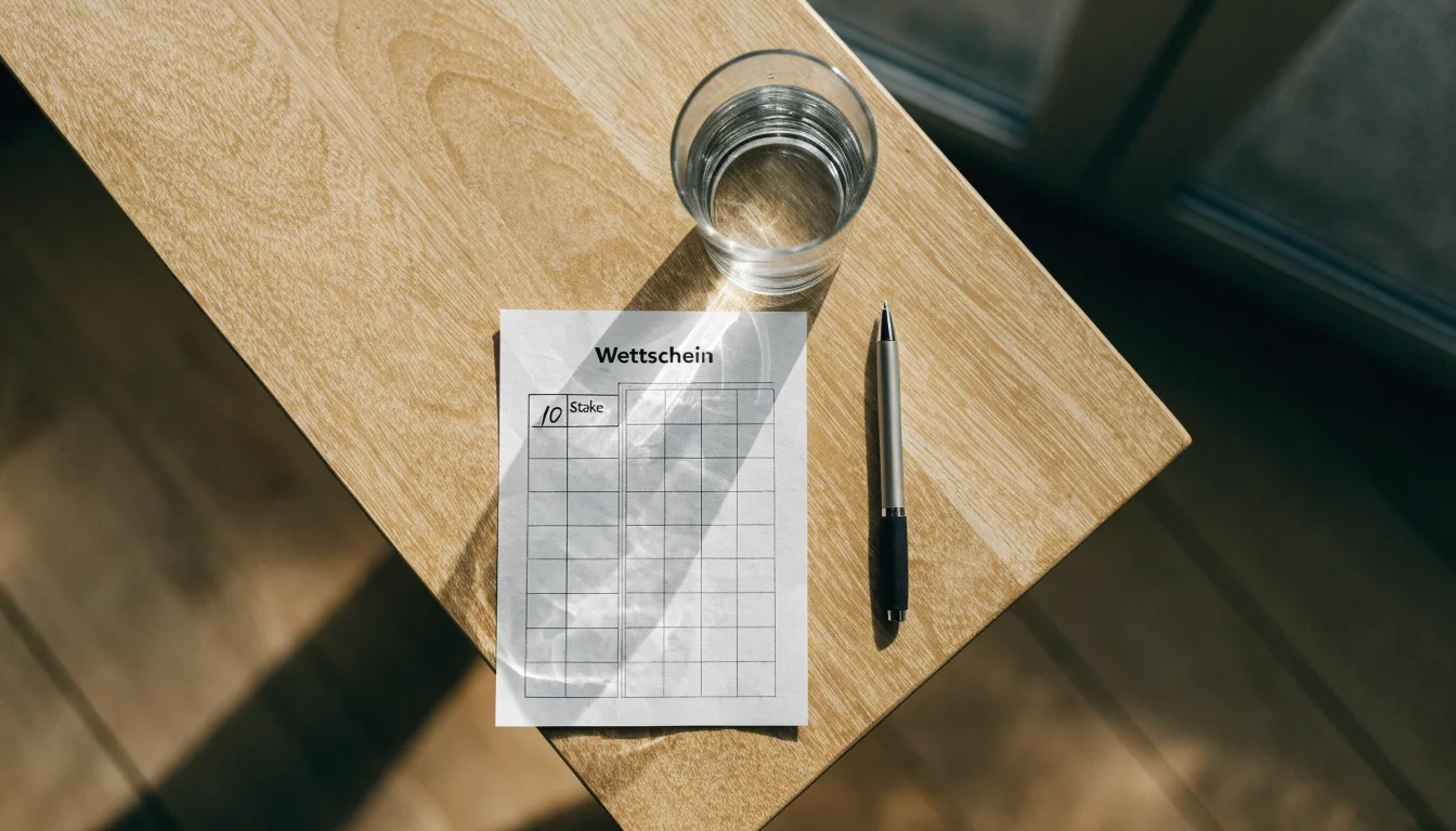 Ein leerer Wettschein aus Papier liegt neben einem Stift auf einem Tisch, daneben ein Glas Wasser.