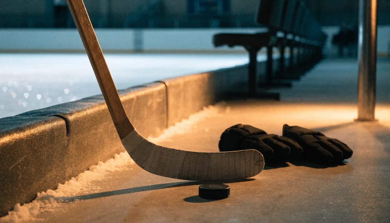 Ein Eishockeyschläger lehnt an einer Bande, daneben liegen ein Puck und ein Paar Handschuhe in einer Eishalle.