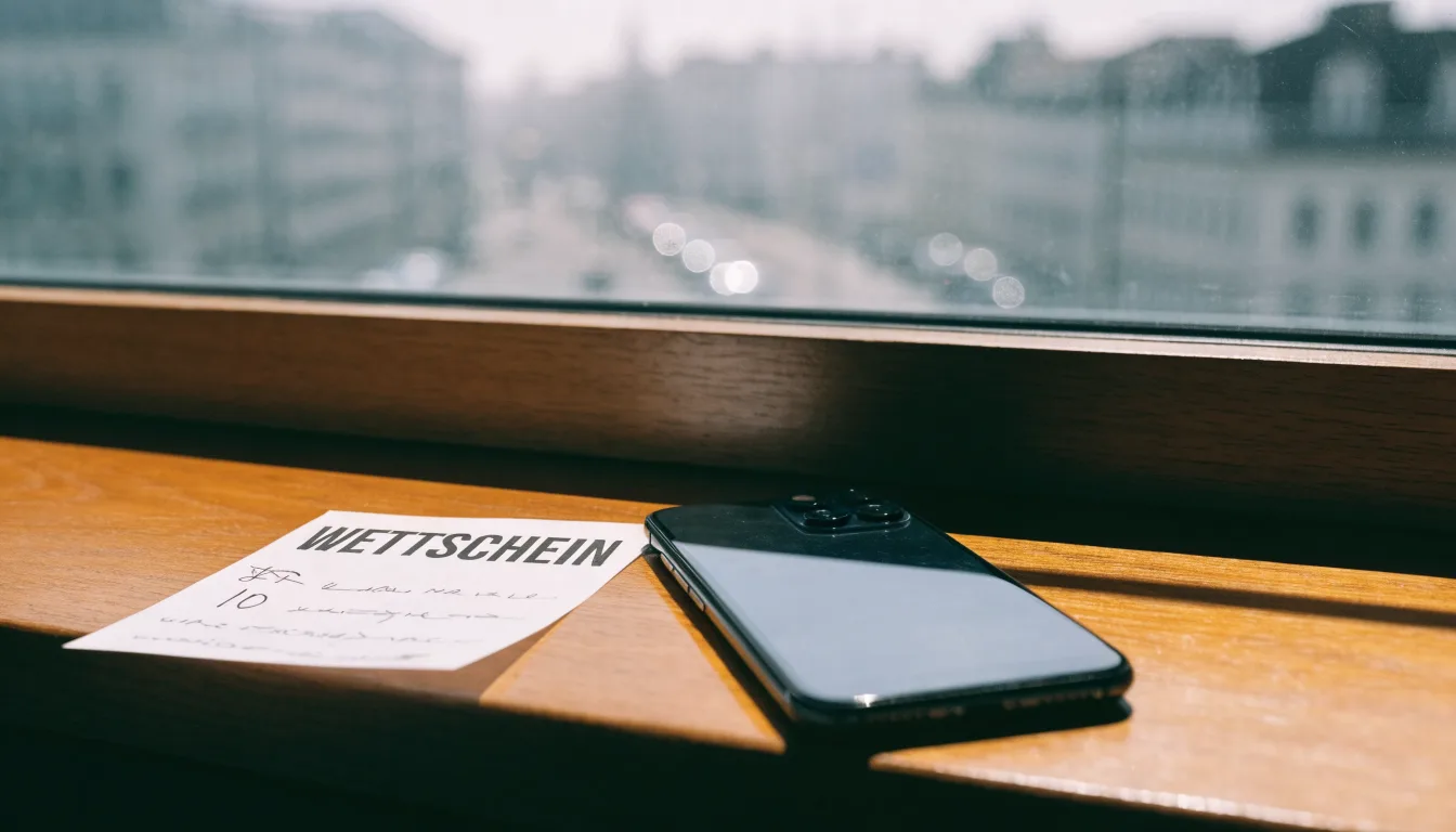 Ein leerer Wettschein aus Papier und ein Smartphone mit dunklem Display liegen auf einer Fensterbank im Tageslicht.