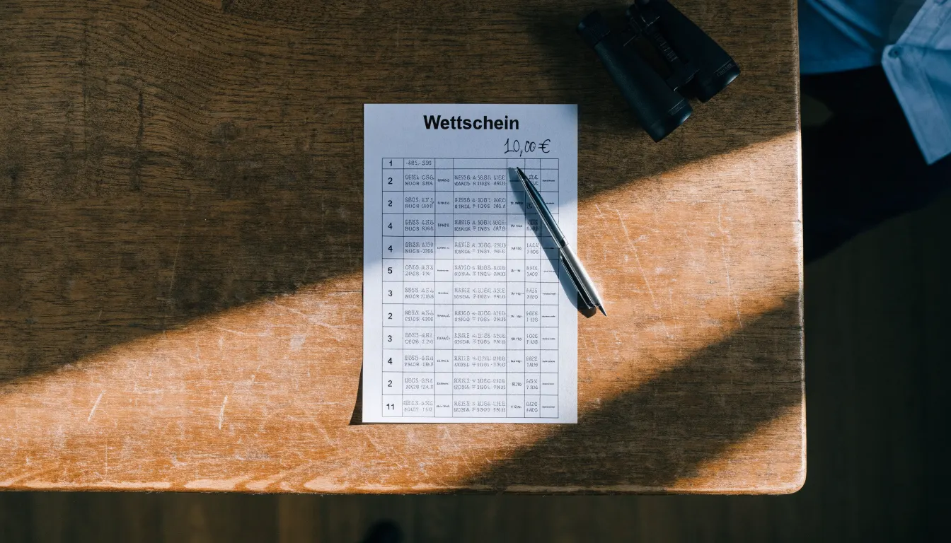 Ein leerer Wettschein aus Papier und ein Kugelschreiber liegen auf einem Holztisch neben einem Fernglas.