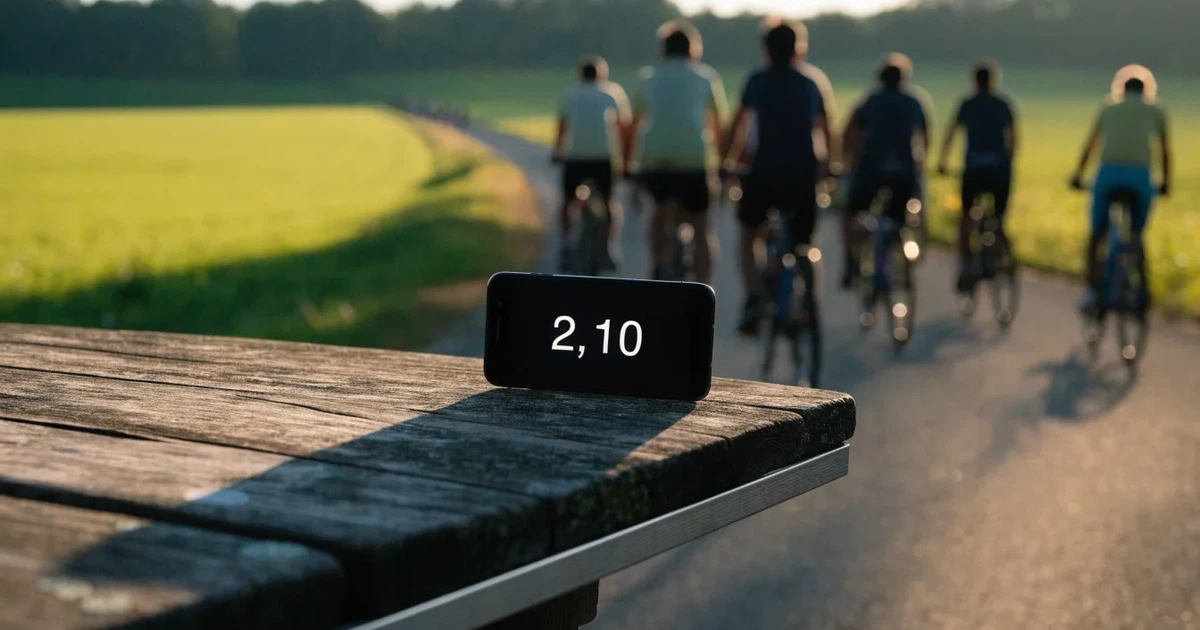 Eine Landstraße zwischen Feldern im Morgenlicht, am Straßenrand lehnt ein Rennrad ohne Aufschrift an einem Pfosten.