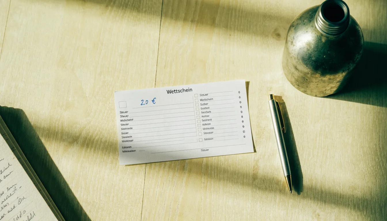 Ein leerer Wettschein aus Papier liegt neben einer Trinkflasche und einem Stift auf einem Tisch.