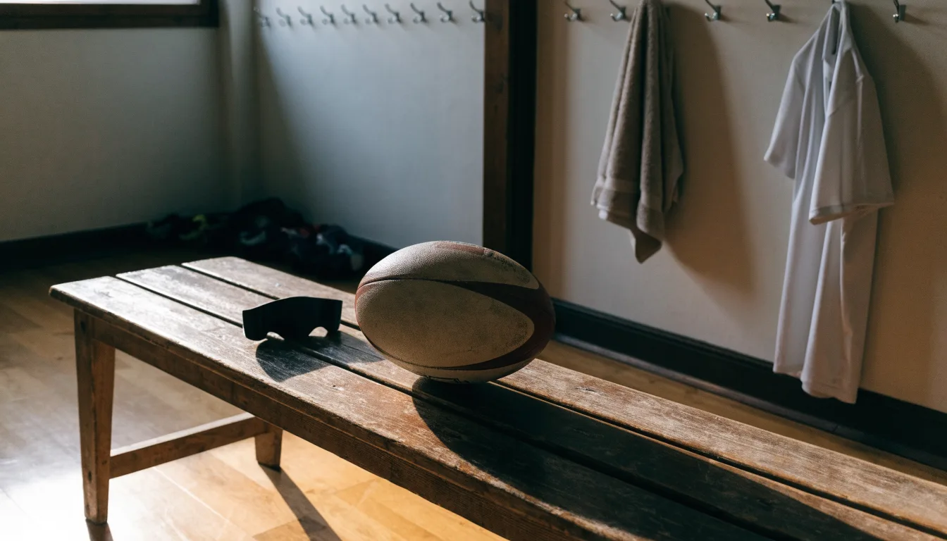 Ein Rugbyball und ein Mundschutz liegen auf einer Holzbank neben einer Reihe Kleiderhaken in einer Umkleide.