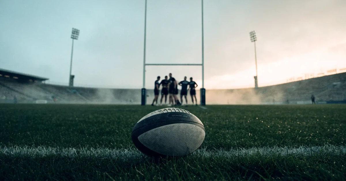 Ein ovaler Rugbyball liegt vor den hohen Torstangen auf nassem Rasen, über dem Stadion zieht Nebel auf.