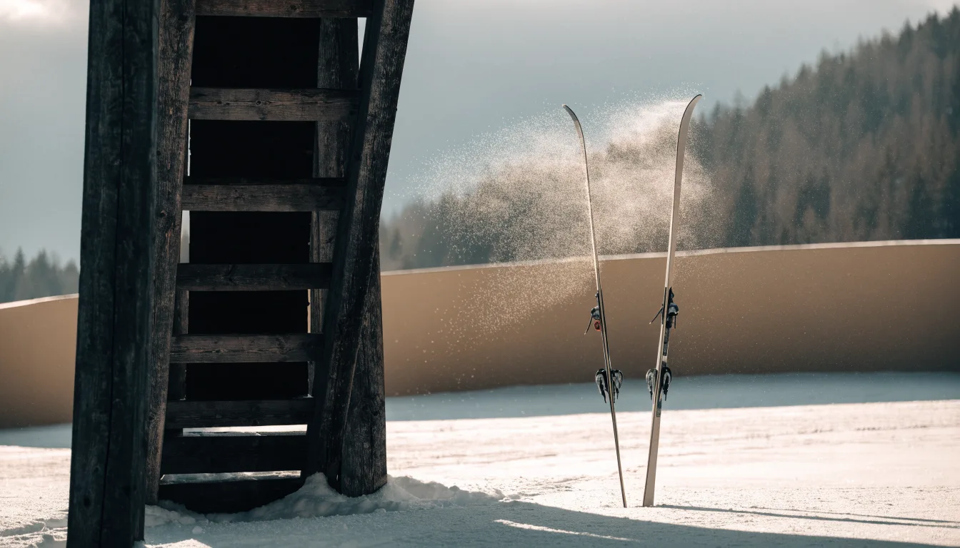 Ein Paar Skier steckt aufrecht im Schnee neben einem Anlaufturm, im Hintergrund wirbelt feiner Schnee im Wind.