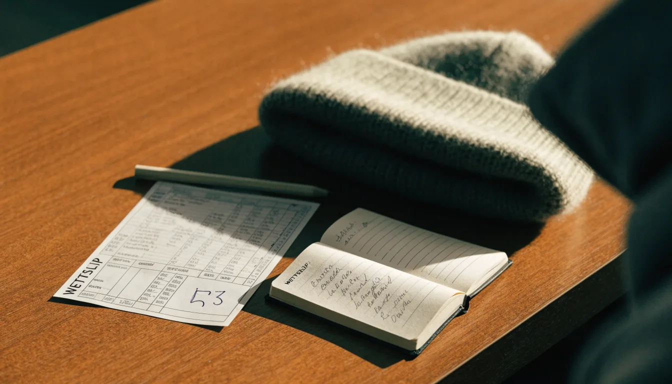 Ein leerer Wettschein aus Papier und ein Notizbuch liegen neben einer Wollmütze auf einem Holztisch.