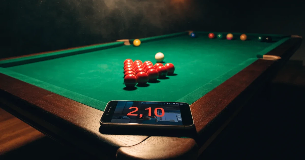 Ein Snookertisch mit grünem Tuch und aufgebauten roten Kugeln in einem abgedunkelten Raum unter einer hängenden Lampe.