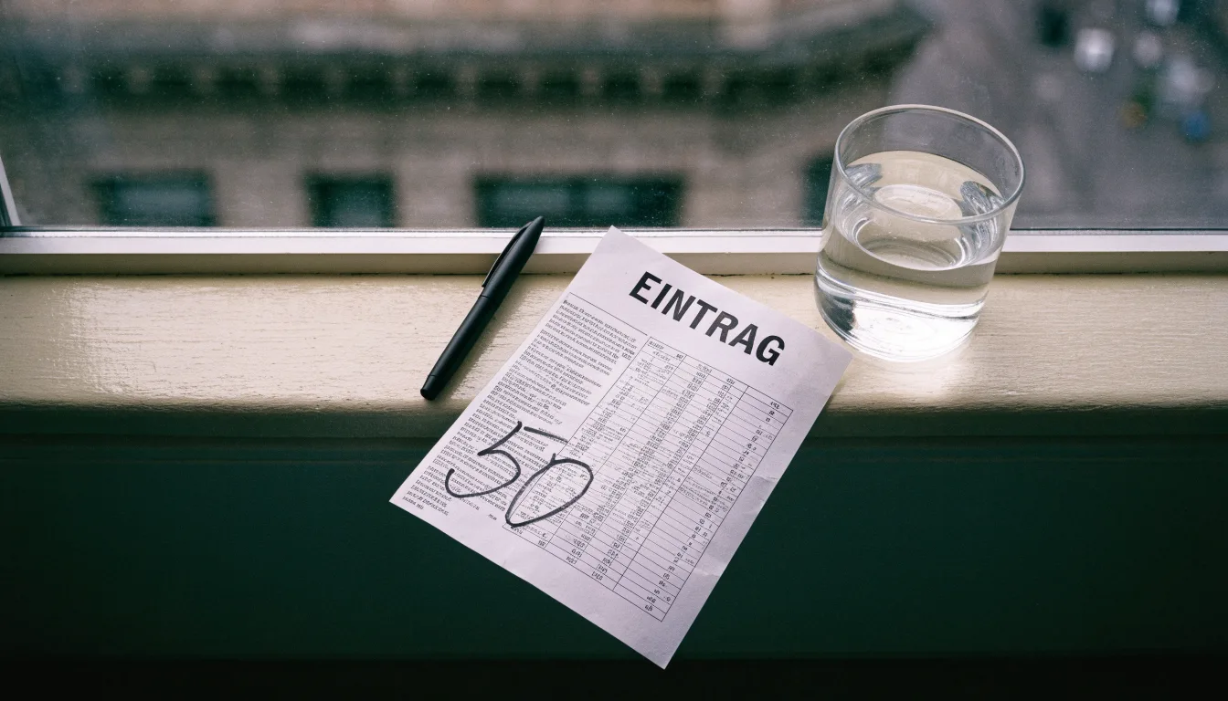 Ein leerer Wettschein aus Papier und ein Kugelschreiber liegen neben einem Glas Wasser auf einer Fensterbank.