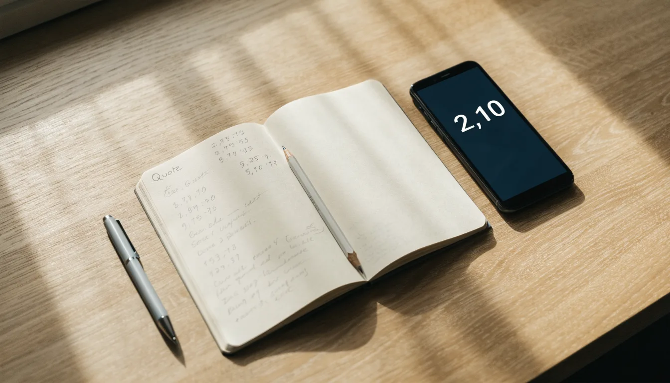 Ein aufgeschlagenes Notizbuch mit handschriftlichen Rechnungen liegt neben Stift und Smartphone auf einem Holztisch im Tageslicht.
