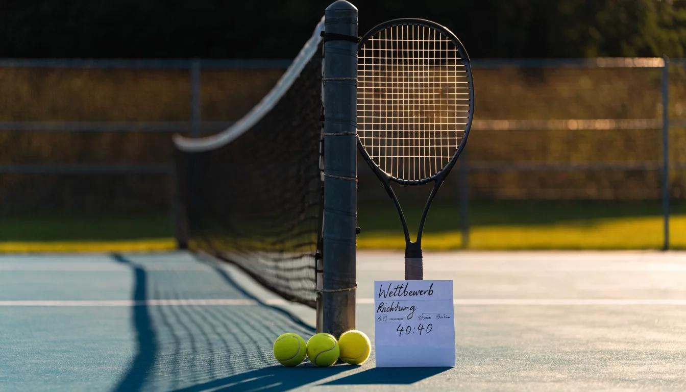 Ein Tennisschläger lehnt an einem Netzpfosten, daneben liegen drei Bälle auf einem Hartplatz in warmem Nachmittagslicht.