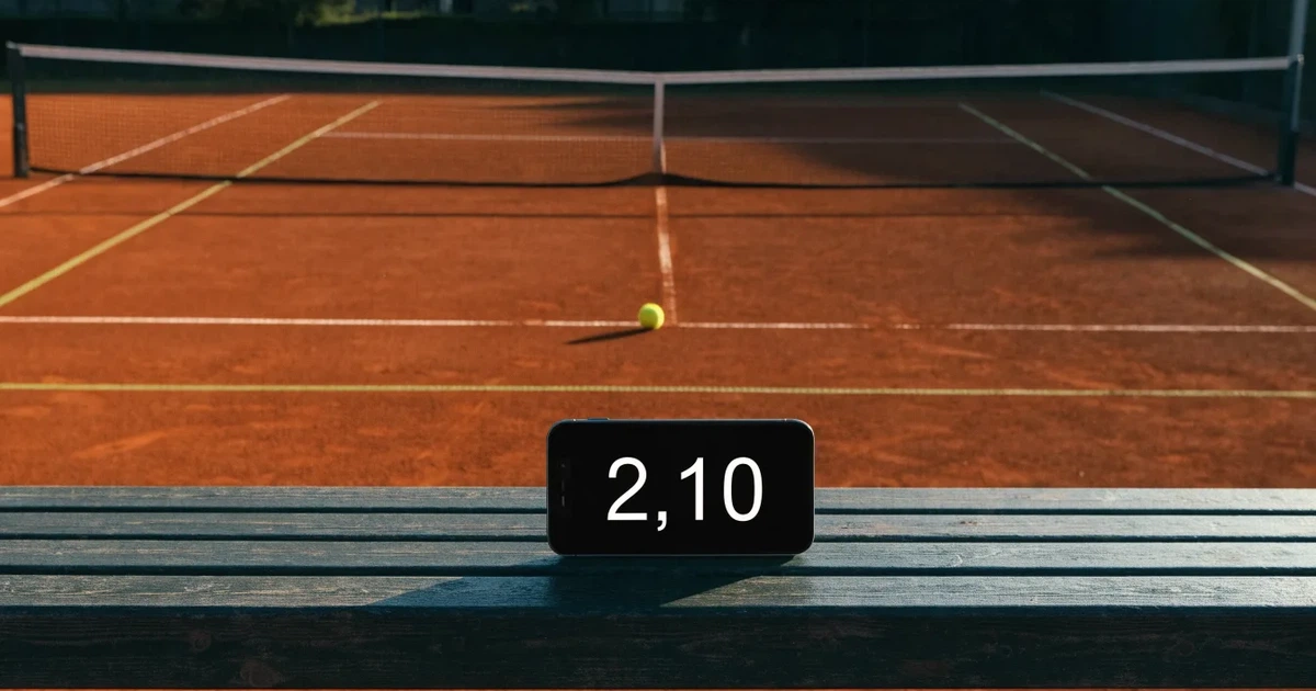 Ein Sandplatz am frühen Morgen mit frisch gezogenen Linien, einem Netz in der Mitte und einem gelben Ball auf der Grundlinie.