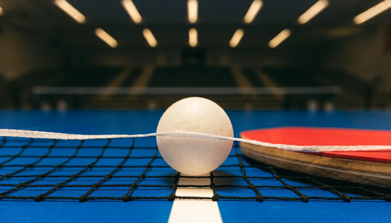 Ein weißer Ball liegt in Nahaufnahme auf der Netzkante einer Tischtennisplatte, daneben zwei Holzschläger mit rotem und schwarzem Belag.