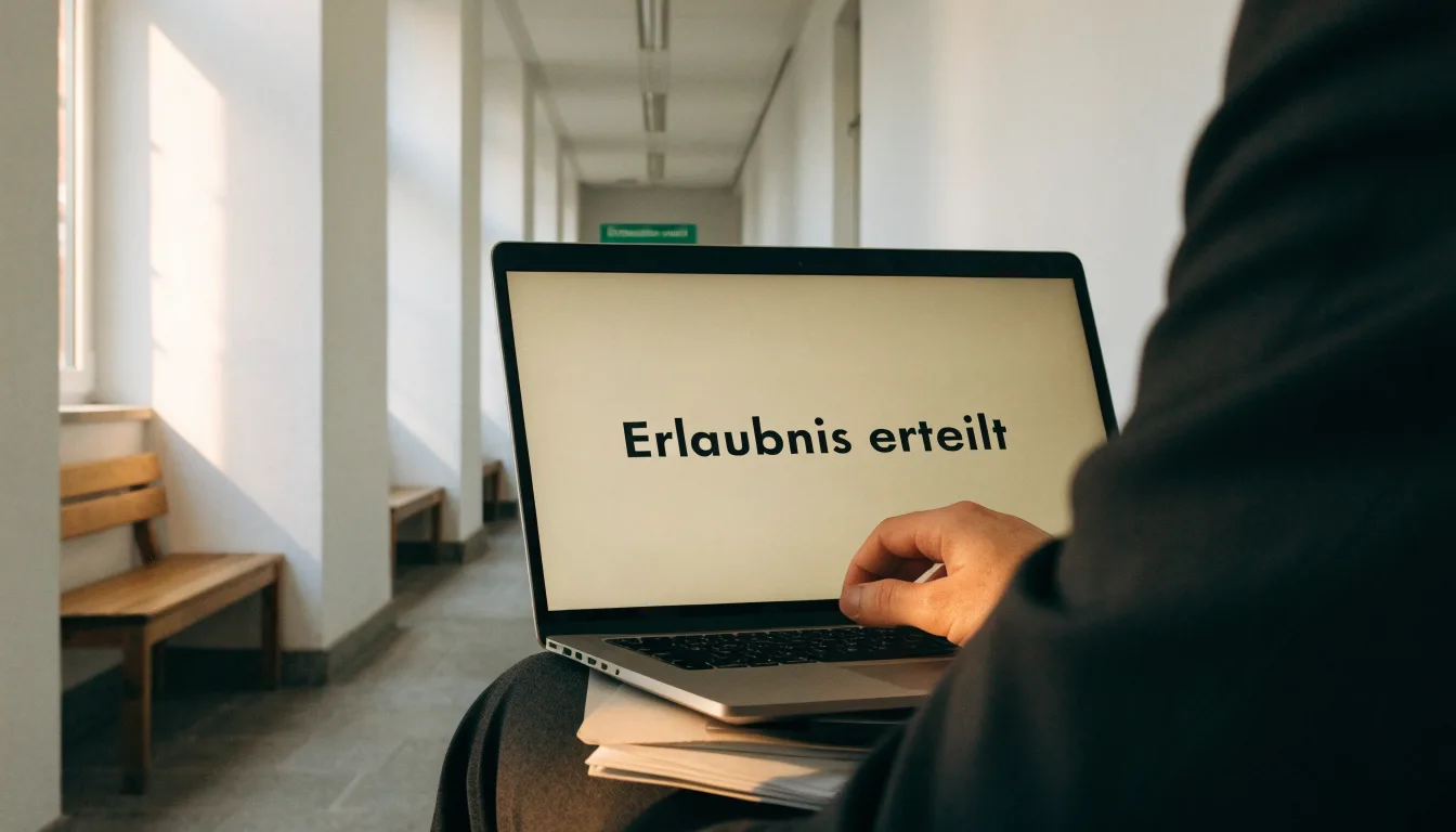 Ein heller Flur in einem Verwaltungsgebäude mit einer leeren Holzbank und einem Fenster, durch das Morgenlicht fällt.