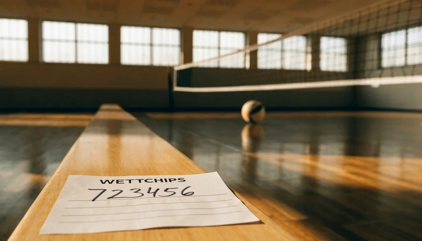 Eine leere Sporthalle mit gespanntem Volleyballnetz und glänzendem Parkett, durch hohe Fenster fällt Tageslicht.