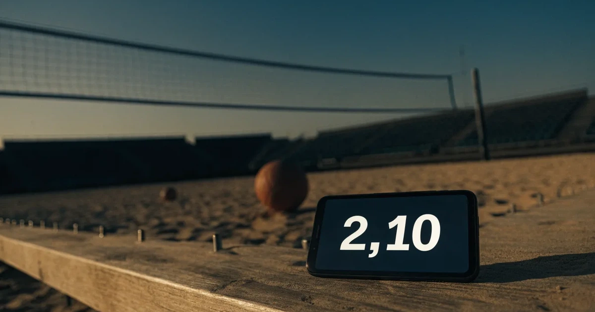 Ein Volleyball liegt auf dem Sand eines Beachvolleyball-Feldes neben dem gespannten Netz, im Hintergrund eine leere Tribüne bei Abendlicht.