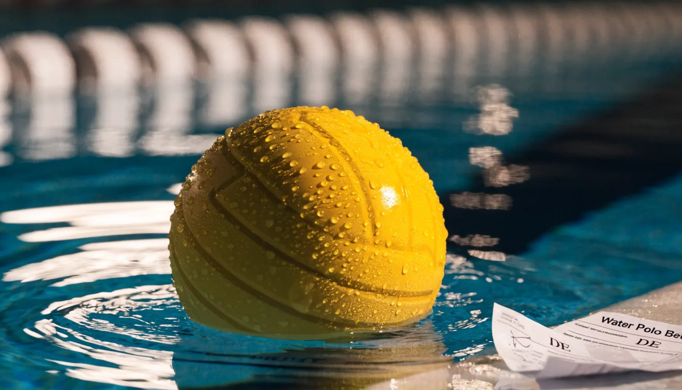 Ein gelber Wasserball treibt in Nahaufnahme auf der Wasseroberfläche neben einer Leine mit Bojen.