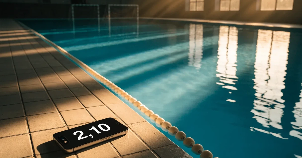 Ein Schwimmbecken mit türkisfarbenem Wasser und zwei schwimmenden Torrahmen am gegenüberliegenden Beckenrand, menschenleer unter Hallenlicht.