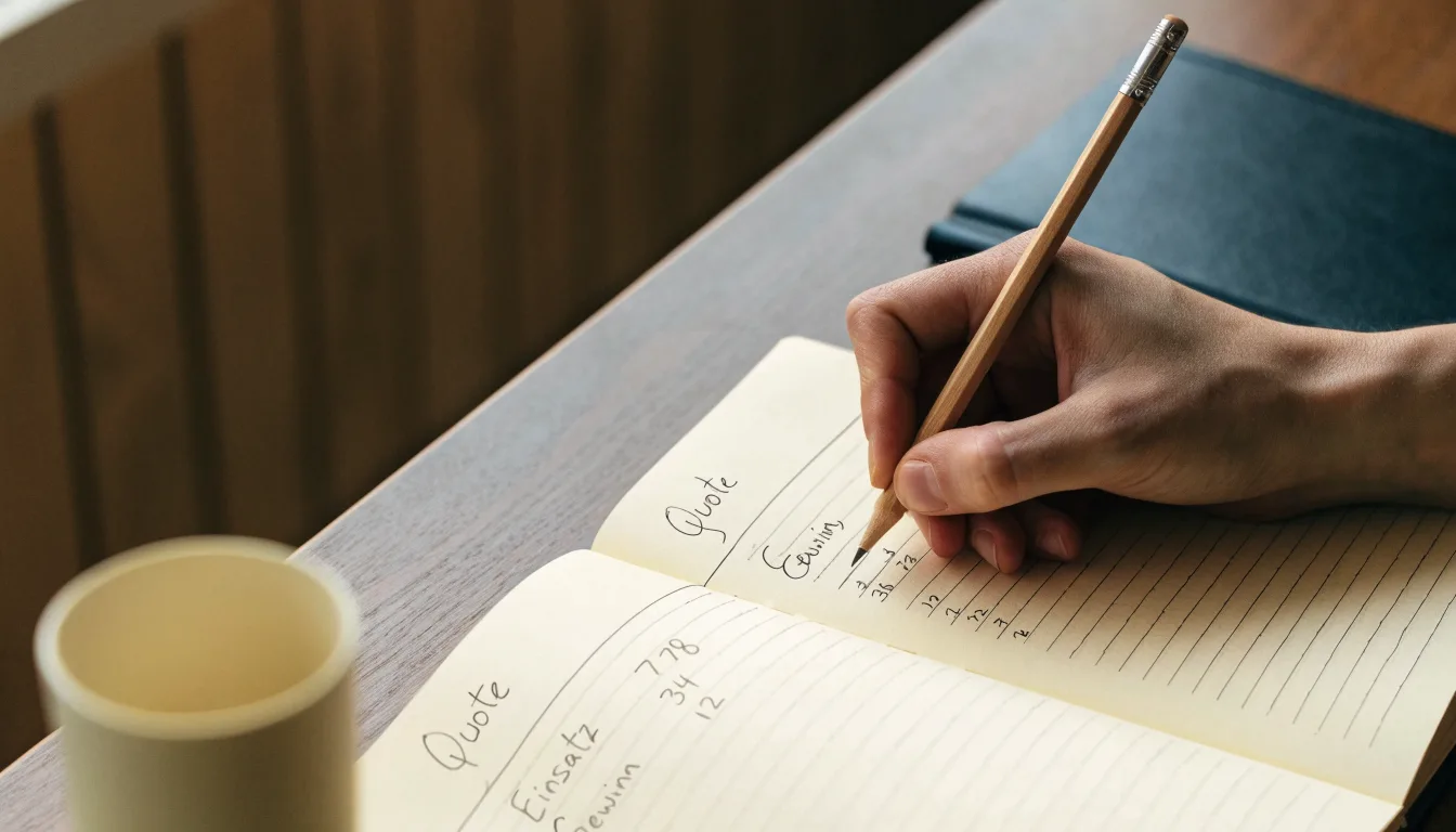 Ein Notizbuch mit handschriftlichen Spalten und einem Bleistift liegt auf einem Schreibtisch neben einem Taschenrechner.